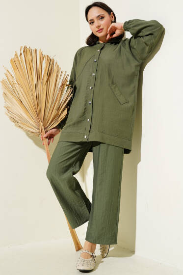 Kapüşonlu Cep Kapaklı İkili Takım Haki - İkili Takım