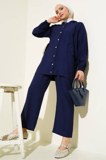 Kapüşonlu Cep Kapaklı İkili Takım Lacivert - İkili Takım