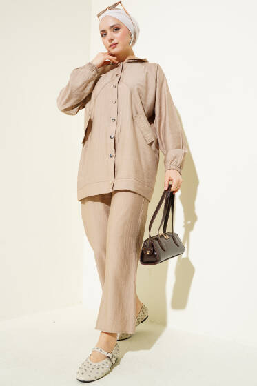 Kapüşonlu Cep Kapaklı İkili Takım Latte - İkili Takım