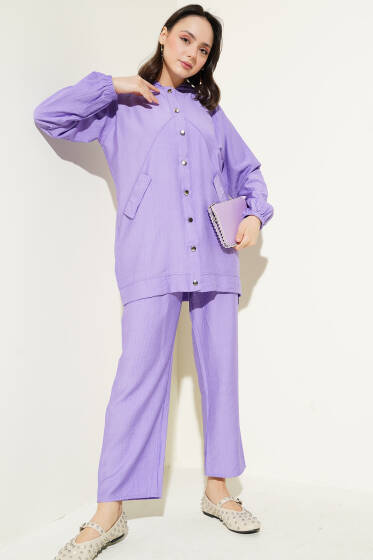 Kapüşonlu Cep Kapaklı İkili Takım Lila - İkili Takım