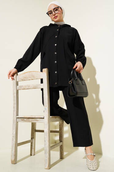 Kapüşonlu Cep Kapaklı İkili Takım Siyah - İkili Takım