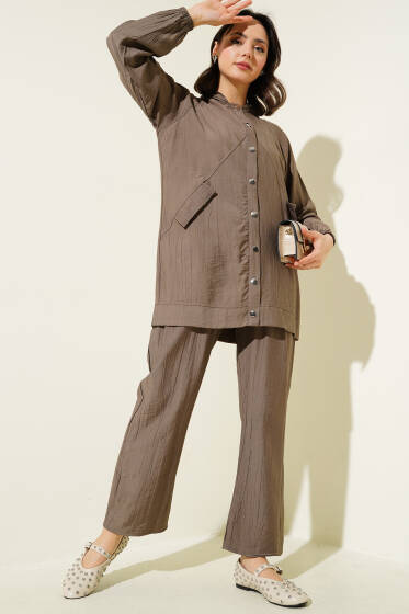 Kapüşonlu Cep Kapaklı İkili Takım Vizon - İkili Takım