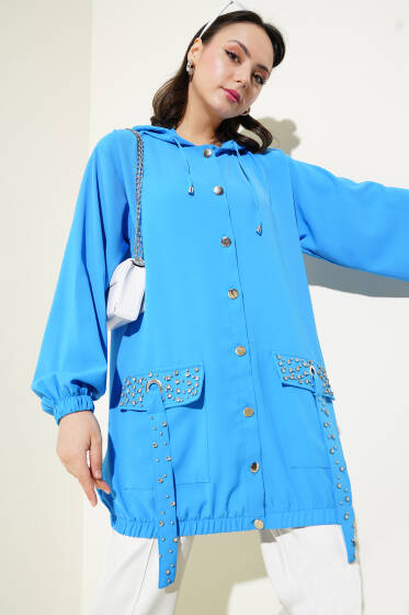 Kapüşonlu Cep Taşlı Kap Mavi - Dış Giyim&Mont