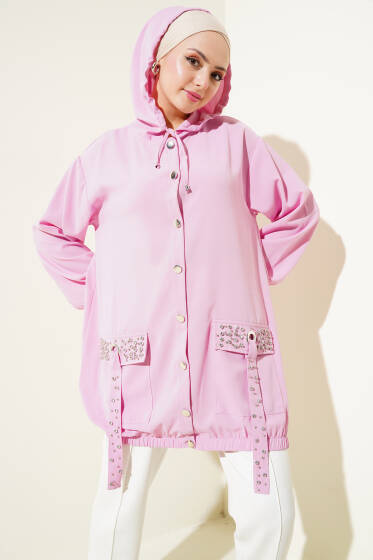 Kapüşonlu Cep Taşlı Kap Pembe - Dış Giyim&Mont
