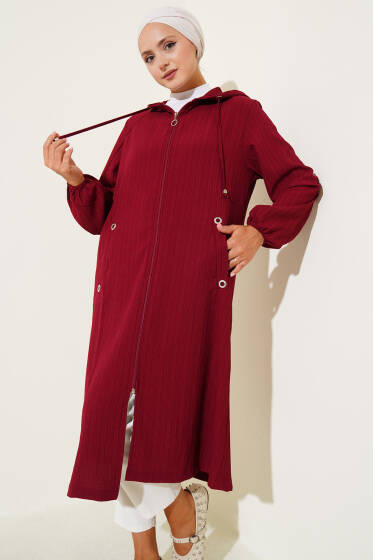 Kapüşonlu Cepli Ağaç Kabuğu Kap Bordo - Dış Giyim&Mont