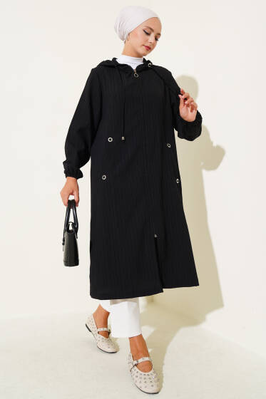 Kapüşonlu Cepli Ağaç Kabuğu Kap Siyah - Dış Giyim&Mont