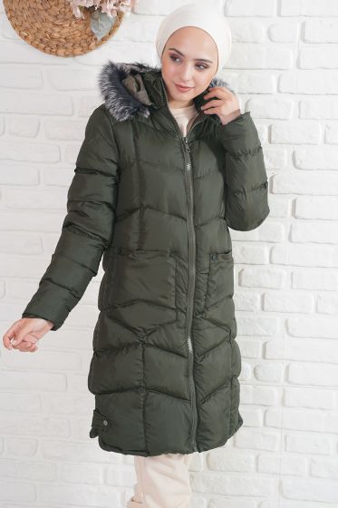 Kapüşonlu Cepli Haki Şişme Mont - Bayan Mont