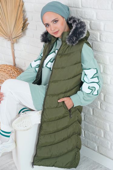 Kapüşonlu Cepli Haki Şişme Yelek - Kadın Şişme Mont