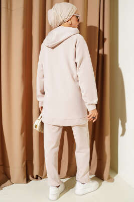 Kapüşonlu Cepli Leoparlı Scuba İkili Takım Bej - İkili Takım