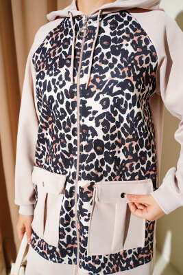 Kapüşonlu Cepli Leoparlı Scuba İkili Takım Bej - İkili Takım