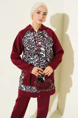 Kapüşonlu Cepli Leoparlı Scuba İkili Takım Bordo - İkili Takım