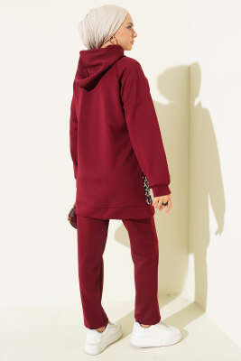 Kapüşonlu Cepli Leoparlı Scuba İkili Takım Bordo - İkili Takım