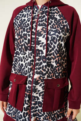 Kapüşonlu Cepli Leoparlı Scuba İkili Takım Bordo - İkili Takım