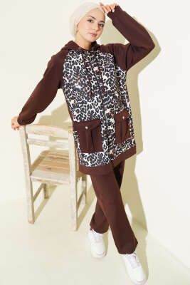 Kapüşonlu Cepli Leoparlı Scuba İkili Takım Kahve - HBS