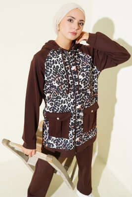 Kapüşonlu Cepli Leoparlı Scuba İkili Takım Kahve - İkili Takım