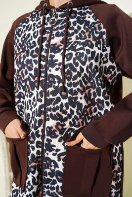 Kapüşonlu Cepli Leoparlı Scuba İkili Takım Kahve - İkili Takım