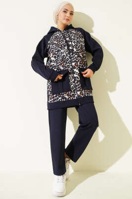 Kapüşonlu Cepli Leoparlı Scuba İkili Takım Lacivert - HBS