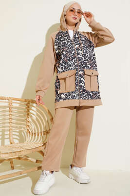 Kapüşonlu Cepli Leoparlı Scuba İkili Takım Latte - İkili Takım