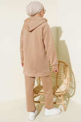 Kapüşonlu Cepli Leoparlı Scuba İkili Takım Latte - İkili Takım