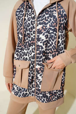 Kapüşonlu Cepli Leoparlı Scuba İkili Takım Latte - İkili Takım