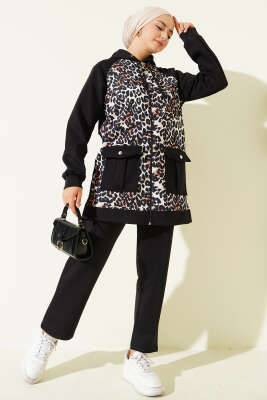 Kapüşonlu Cepli Leoparlı Scuba İkili Takım Siyah - HBS