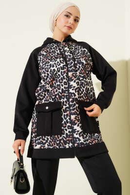 Kapüşonlu Cepli Leoparlı Scuba İkili Takım Siyah - İkili Takım