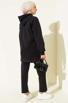 Kapüşonlu Cepli Leoparlı Scuba İkili Takım Siyah - İkili Takım