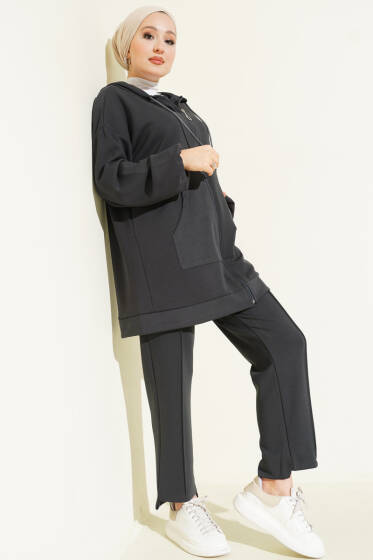 Kapüşonlu Cepli Loyşa İkili Takım Antrasit - İkili Takım