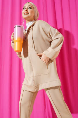 Kapüşonlu Cepli Loyşa İkili Takım Bej - ELFİDA TEKSTİL