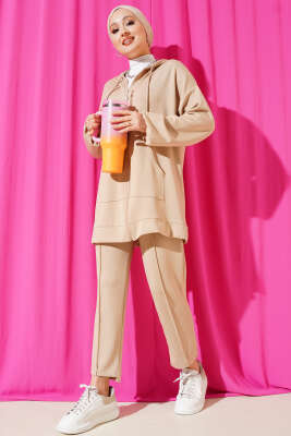 Kapüşonlu Cepli Loyşa İkili Takım Bej - İkili Takım