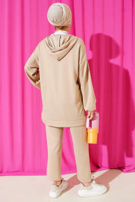 Kapüşonlu Cepli Loyşa İkili Takım Bej - İkili Takım
