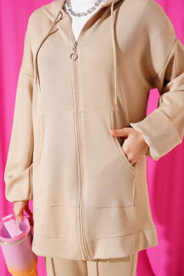 Kapüşonlu Cepli Loyşa İkili Takım Bej - İkili Takım