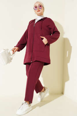Kapüşonlu Cepli Loyşa İkili Takım Bordo - ELFİDA TEKSTİL