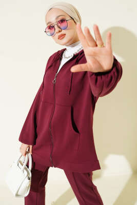 Kapüşonlu Cepli Loyşa İkili Takım Bordo - İkili Takım