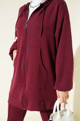 Kapüşonlu Cepli Loyşa İkili Takım Bordo - İkili Takım