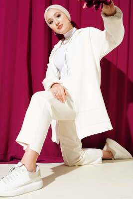 Kapüşonlu Cepli Loyşa İkili Takım Ekru - ELFİDA TEKSTİL