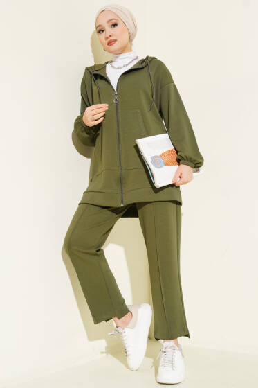 Kapüşonlu Cepli Loyşa İkili Takım Haki - İkili Takım