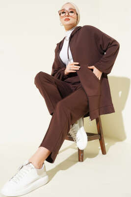 Kapüşonlu Cepli Loyşa İkili Takım Kahve - ELFİDA TEKSTİL