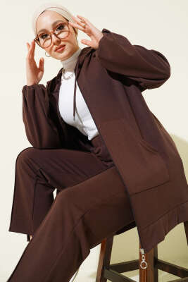 Kapüşonlu Cepli Loyşa İkili Takım Kahve - İkili Takım