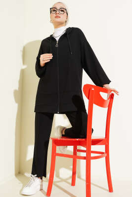 Kapüşonlu Cepli Loyşa İkili Takım Siyah - ELFİDA TEKSTİL