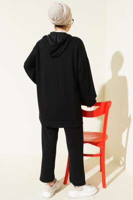 Kapüşonlu Cepli Loyşa İkili Takım Siyah - İkili Takım