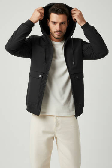 Kapüşonlu Cepli Mevsimlik Mont Siyah - Erkek Mont