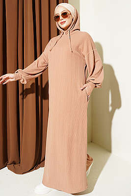 Kapüşonlu Cepli Örme Elbise Camel 