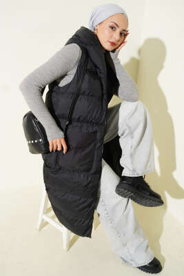 Kapüşonlu Cepli Uzun Şişme Yelek Siyah - BIGDART