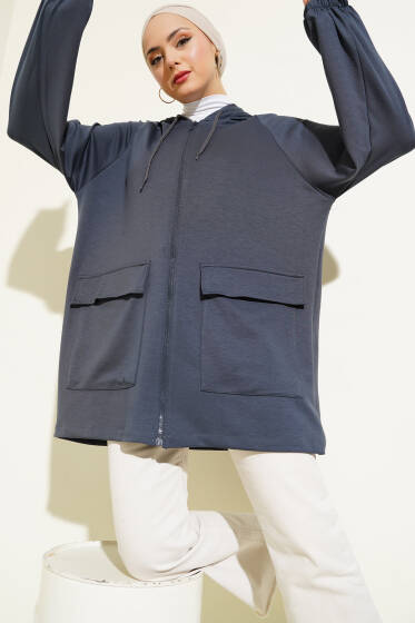 Kapüşonlu Çift Cep Kapaklı Hırka Füme - Hırka