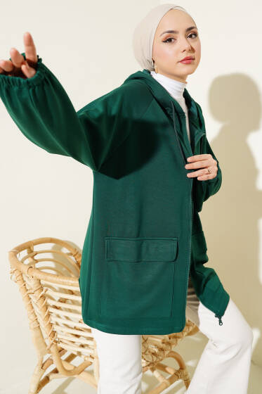 Kapüşonlu Çift Cep Kapaklı Hırka Zümrüt - Hırka