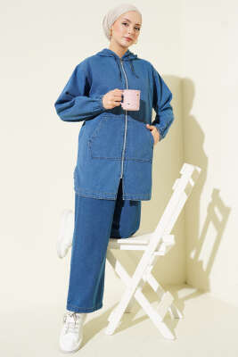 Kapüşonlu Çift Cepli Fermuarlı Kot İkili Takım Kot Mavisi - TEGOE