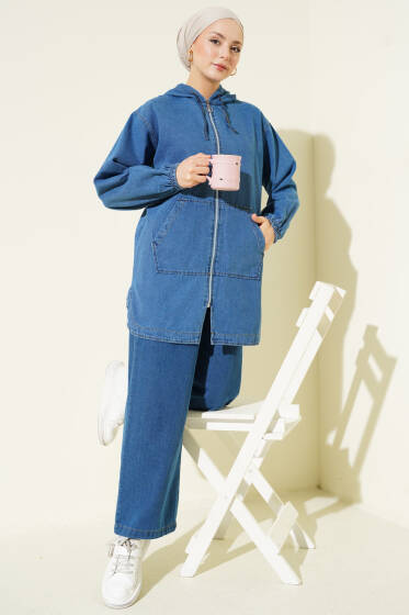 Kapüşonlu Çift Cepli Fermuarlı Kot İkili Takım Kot Mavisi - İkili Takım