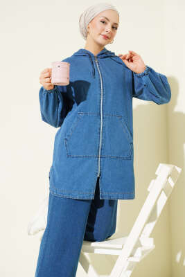 Kapüşonlu Çift Cepli Fermuarlı Kot İkili Takım Kot Mavisi - İkili Takım