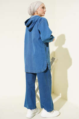 Kapüşonlu Çift Cepli Fermuarlı Kot İkili Takım Kot Mavisi - İkili Takım